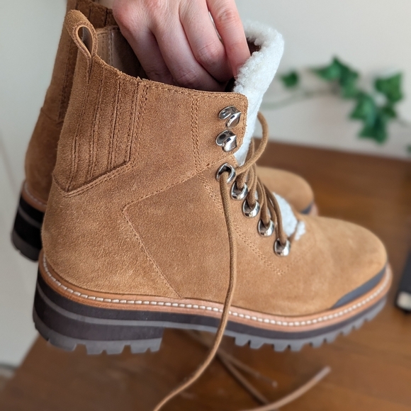 MARC FISHER Izzie Boot Shearling Suede Light Tan Brown Lugsole Lace Up Lizzie 6 - Picture 11 of 16